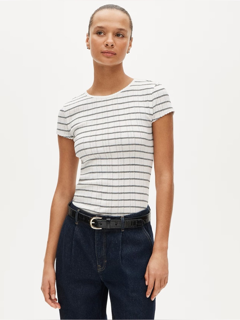 NWT J. Crew Pointelle Short-sleeve T-shirt Claude Stripe Ivory Black